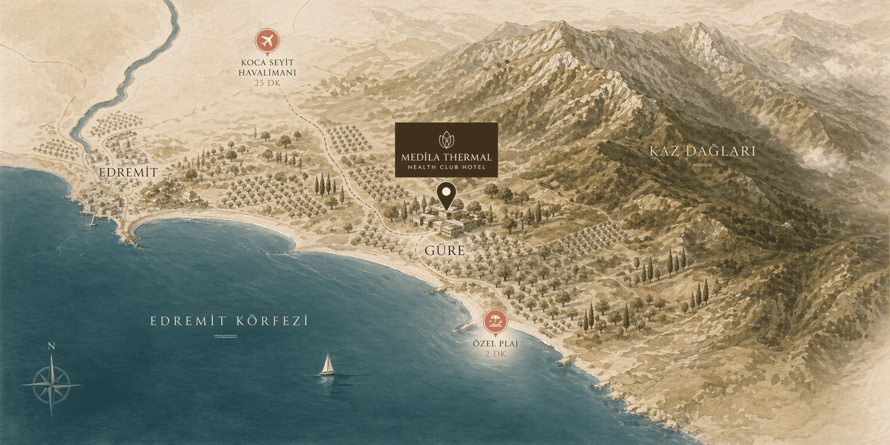 Güre, Edremit Körfezi ve Kaz Dağları'nı gösteren stilize harita görseli