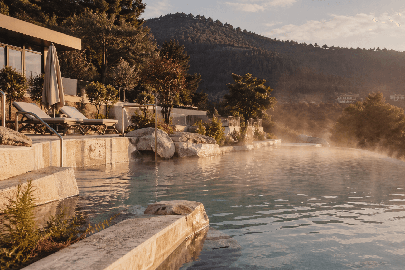 Açık hava termal havuz, sabah buharı ve Kaz Dağları atmosferi