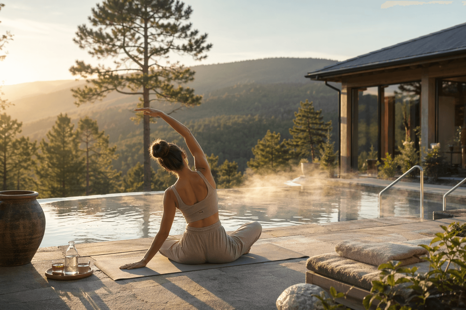 Sabah ritüeli için termal havuz kenarında yoga yapan kişi
